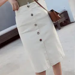 2019 модная женская однобортная Юбка До Колена, юбка-карандаш с карманами, повседневная юбка, однотонная облегающая юбка с высокой талией