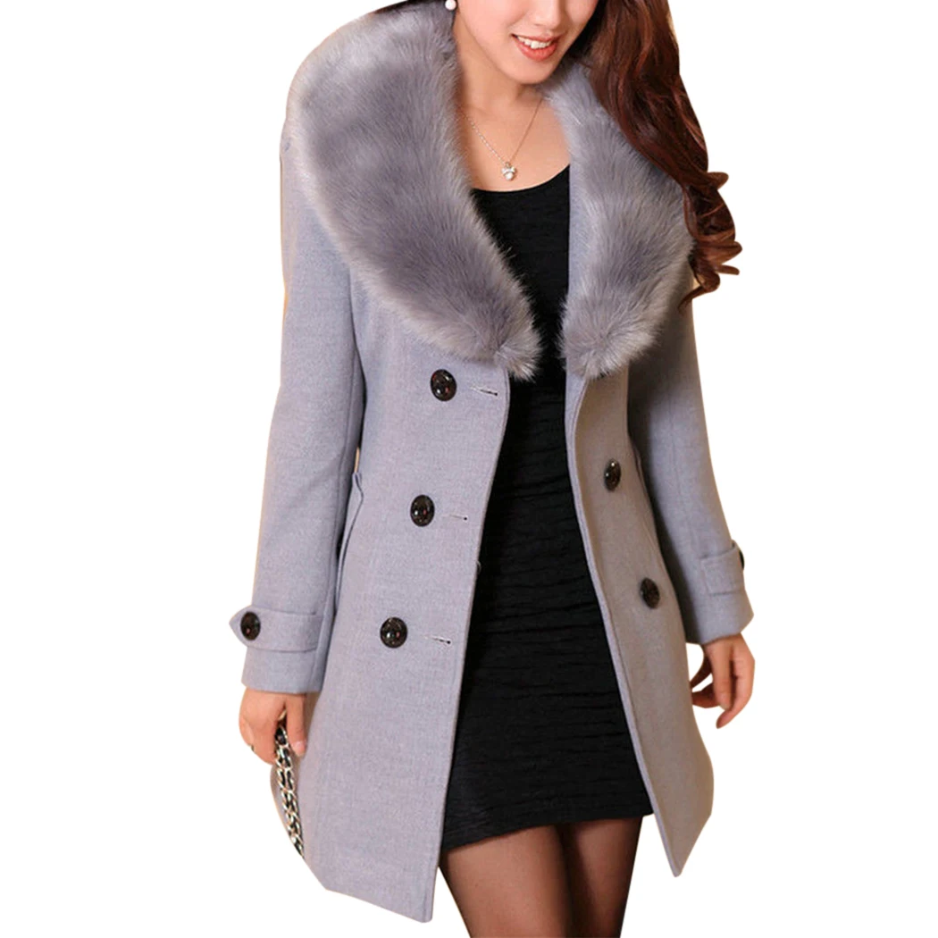 Hiver Avec Manteau gray Long Double Élégantes Col Outwear Laine Femmes 2018 Black Chaud Plus Taille Boutonnage Veste De Fourrure brown Fit Mince La Ceinture Dames qZwv8gA