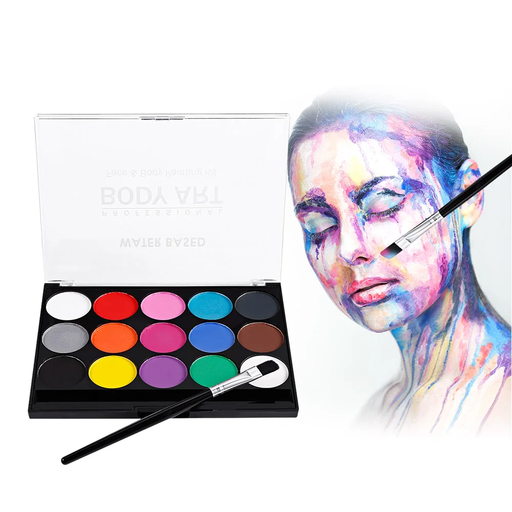 

Face Paint Kit Professional Water Based Body Paint 15 Colors Washable Non-Toxic Paints with 1 Paintbrush Skin Costume Makeup