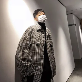 

2018 Autumn And Winter With Thick Section Of Woolen Material Casual Plaid Shirt Male Loose Hong Kong Couple Wearing A Shirt