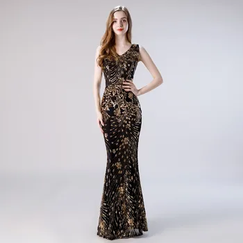 Vivian's Bridal Elegant Squin Floral Appliques Maxi Prom Dress 2019 Sexy Double V-neck Sleeveless Mermaid Dress Long Party Dress Vivian's Bridal Elegant Squin Floral Appliques Maxi Prom Dress 2019 Sexy Double V-neck Sleeveless Mermaid Dress Long Party Dress