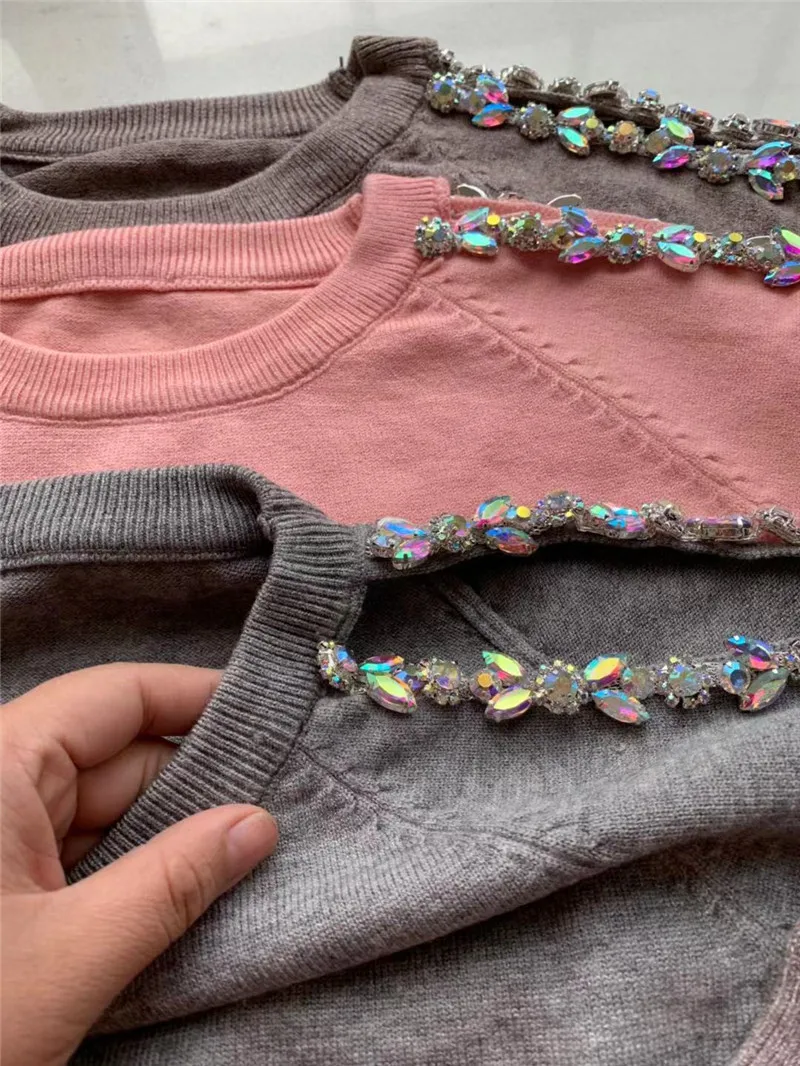 Kopen Vrouwen Trui Parel lekkende schouder Casual 2 Stuk Zweet Pak Diamant Schouder Gebreide Broek + Jumper Top Kostuum Kleding Set