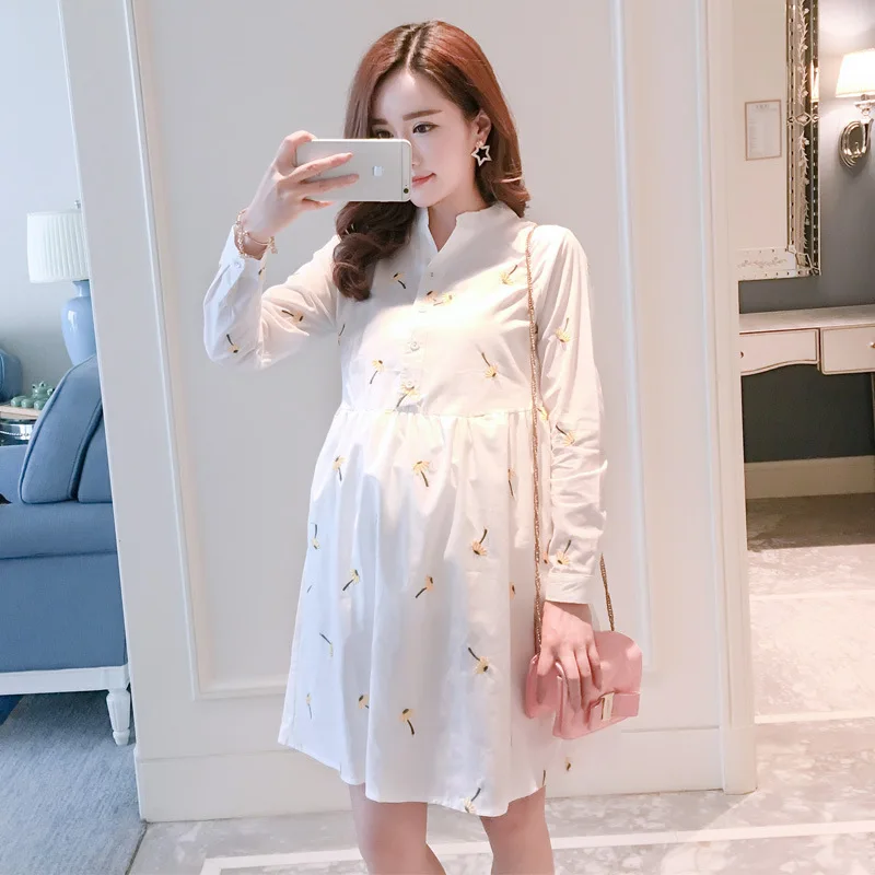 

Spring Emboridery Dress For Pregnant Women 2019 Fashion printing Longsleeve Pregnant Women Dresses Maternity Clothes