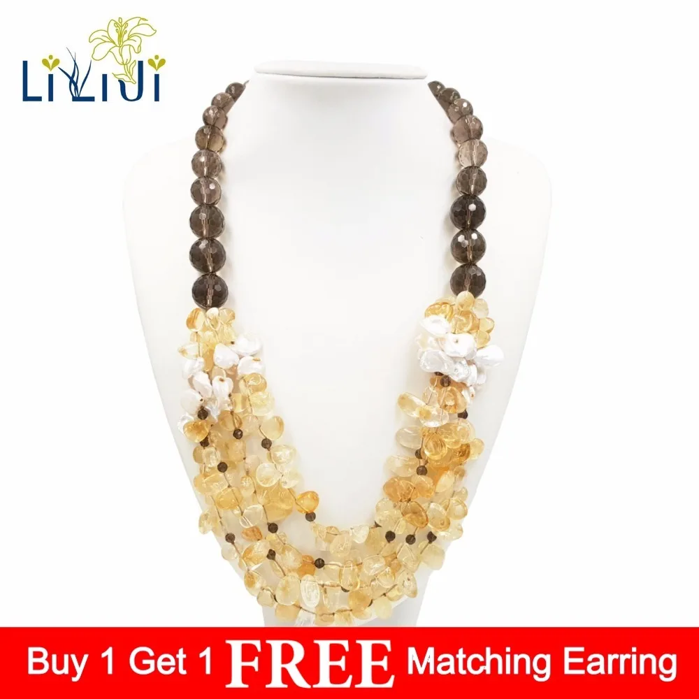 

Lii Ji Natural Citrine Smoky Quartz Keshi Pearl Necklace Jade Toggle Clasp Approx 62cm