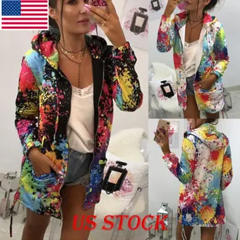 

Autumn Women Ladies Zipper Tops Hoodie Hooded Colorful Graffiti Coat Jacket Casual Slim Thin Jumper