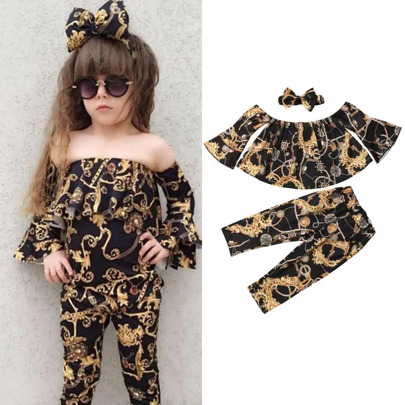 

2018 Fashion Newly Toddler Baby Girls Clothes Sets 3PCS Long Flare Sleeve Off Shoulder Print Tops+Pants+Headband 2-7Y
