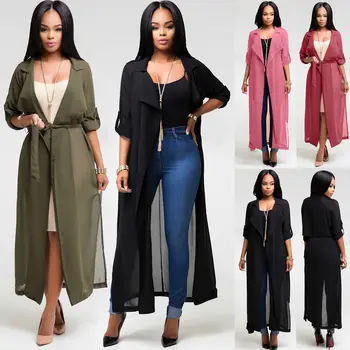 

Women' s Midi Long Sleeves Ladies Maxi Long Casual Through Party Club Chiffon Coat Outwear Jacket