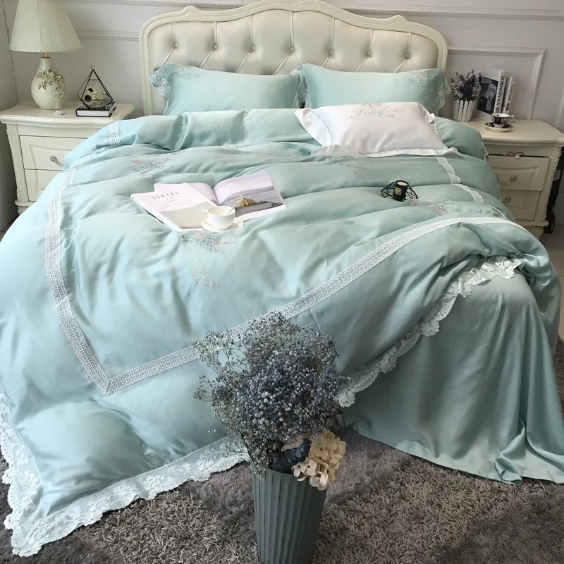 Hotsale 80s Imported Tencel Bedding Set Lace Embroidery Two-sided Ice Silk Quilt over Summer Home Textile 1.8m Bedsheet Freeship | Дом и сад