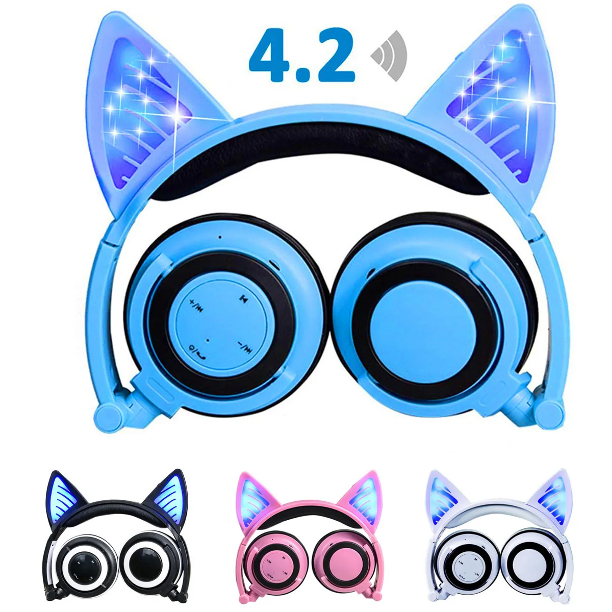 Wireless Bluetooth 4 2 Headset Cat Ear Headphones Foldable Ear Kids Headphone with Glowing Light LED Gaming 220mAh Battery