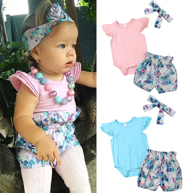 Newborn Baby Girl Summer Outfits Clothes Tops Romper+Mermaid Shorts ...