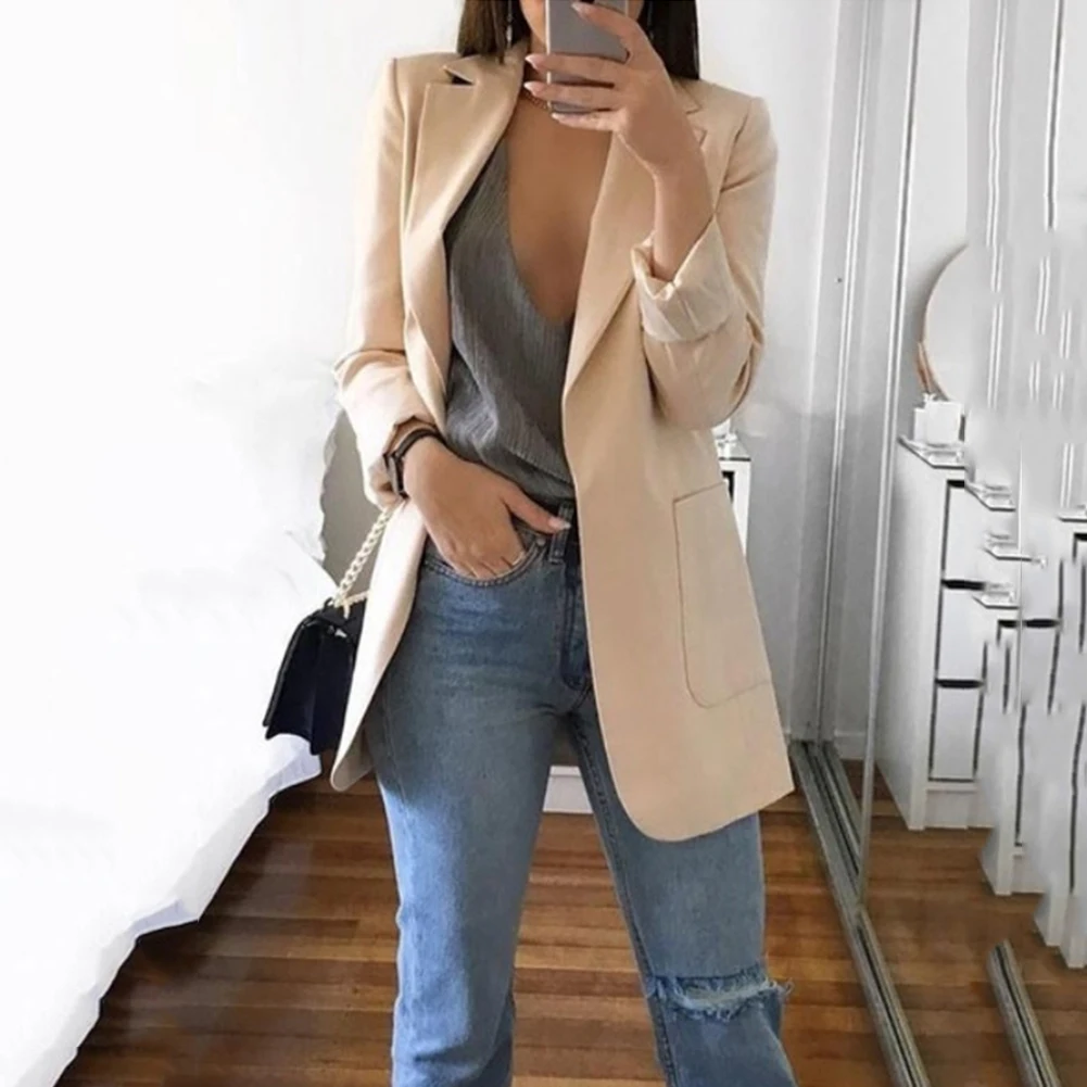 Women Casual Blazers Slim Solid Suit Coats Spring Business Top Jacket Outwear Ladies Fashion Formal OL Pockets Black Pink Coats