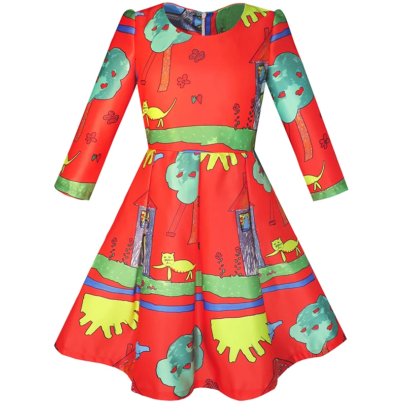 

Girls Dress Cat Cartoon Red Flare Dress Party Birthday 2019 Summer Princess Wedding Dresses Girl Clothes Pageant Sundress