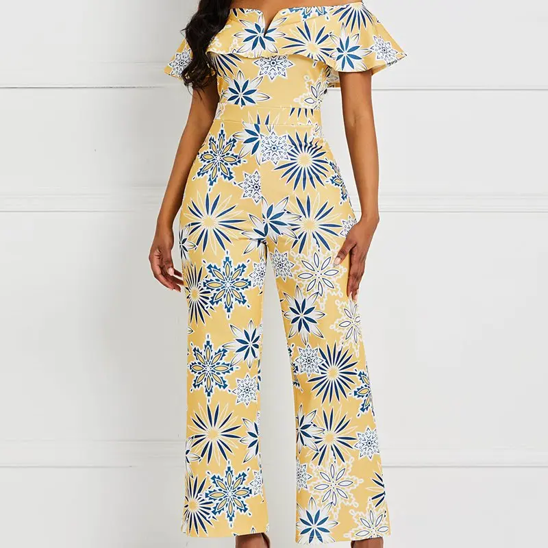 Summer Off Shoulder Casual Long Jumpsuit Women Sexy Backless Ruffle Boho Floral Print African Ladies Holiday Wide Leg Jumpsuits Summer Off Shoulder Casual Long Jumpsuit Women Sexy Backless Ruffle Boho Floral Print African Ladies Holiday Wide Leg Jumpsuits