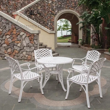 

5-piece solid-cast aluminum patio furniture garden set heaving duty round dining table arm chair set for bar clubs