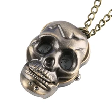 Punk Skull Quartz Pocket Watch Retro Bronze Ghost Necklace Pendant Clock Toys Chain Jewelry Souvenir Gift for Men Women Children