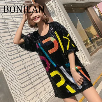 

BONJEAN Letters Pattern T Shirt for Women 2019 Black Tops and Tees Short Sleeve Summer Clothing Long Shirt with Sequin BJ1035