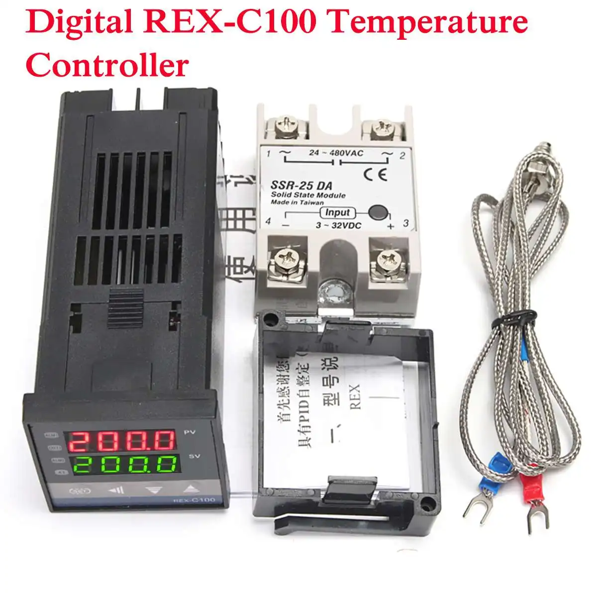 

1Set Digital 220V PID REX-C100 Temperature Controller + 25A SSR + K Thermocouple Probe Cable K Sensor