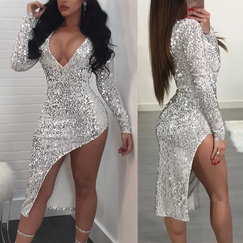 

Sexy Split Sexy Women dress Bandage Bodycon Casual Long Sleeve v neck Sequins Evening Party Night Long sleeve Dresses for women