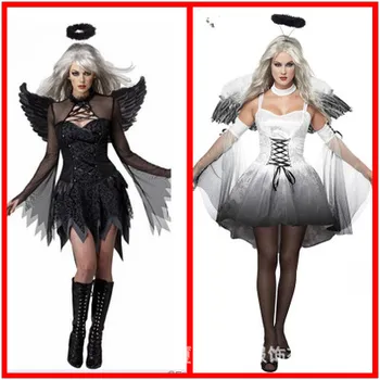 

2018 new Halloween adult models black white angel costume vampire queen devil party costume masquerade cosplay Wings with dress