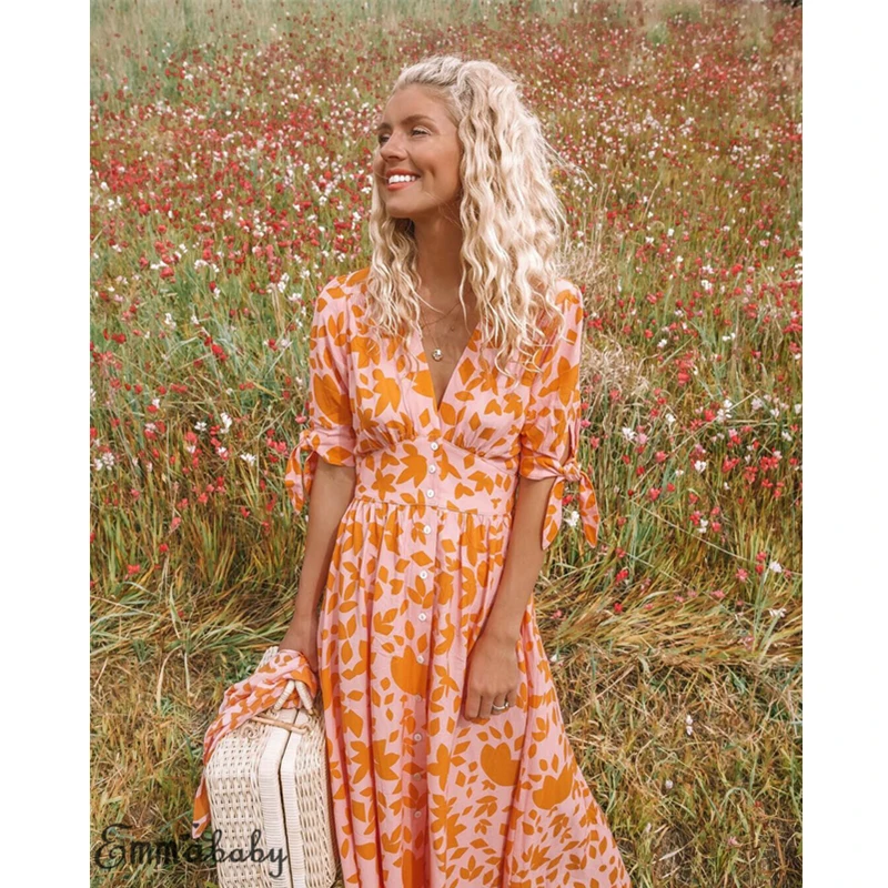 

New Women Sweet Boho Floral Maxi Dress Summer Retro Short Sleeve Draped Bandage Dresses Lady Sexy Party Beach Sundress Vestidos