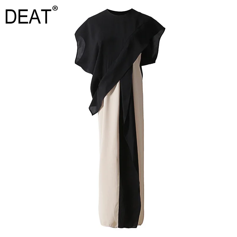 

[DEAT] 2019 Autumn Winter Fashion New Round Collar Short Sleeve Hit Color Stitching Bandages Ruffle Women Dress YC84