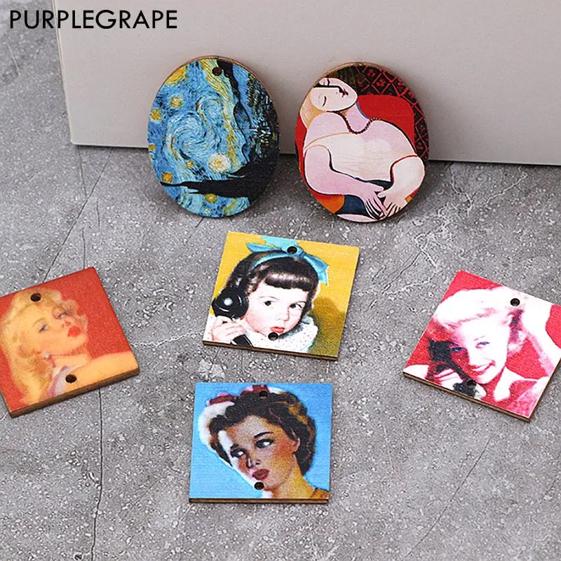 

12pcs Oil Painting Wood Chip Diy Earrings Jewelry Accessories Material Handmade Square Oval Pendant Art Retro Impressionist