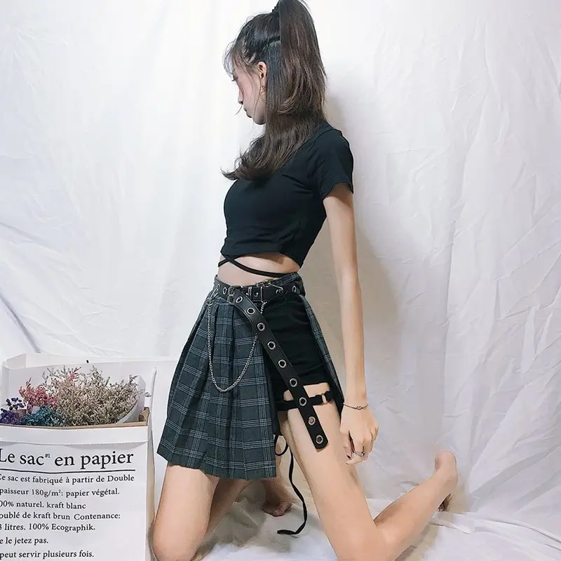 Модные готические клетчатые мини юбки для женщин асимметричное лоскутное Бандажное панк Клубное сексуальное крутое Черное короткое юбка и пояс наборы