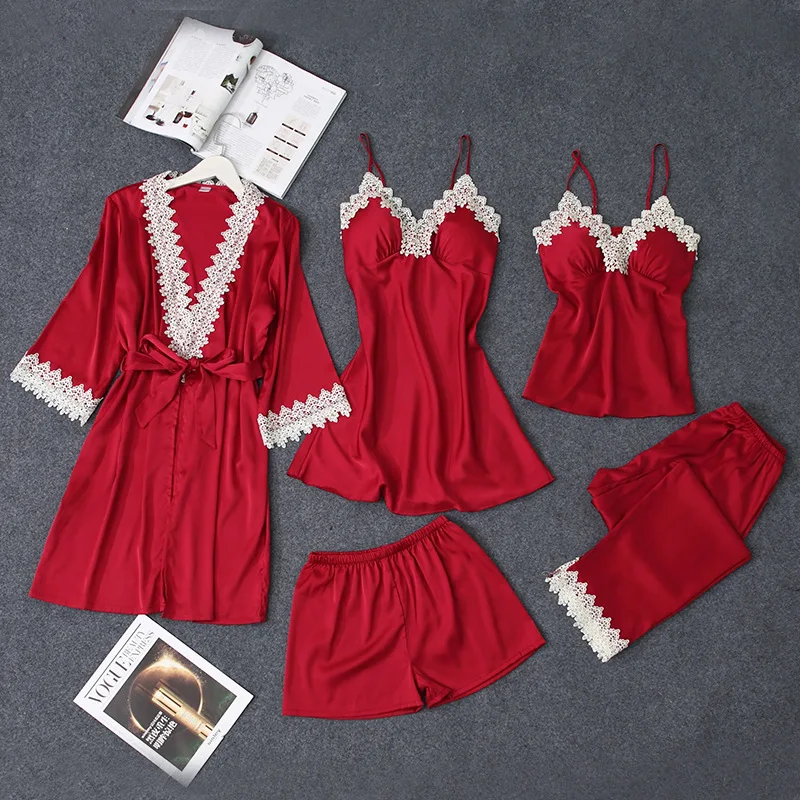 

2019 Women Pajamas Sets 5 Pieces Satin Sleepwear Pijama Silk Home Wear Nightwear Sleep Lounge Pyjama With Chest Pads
