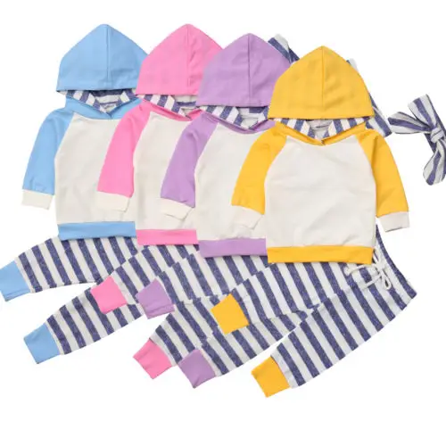 Baby Hoodies Tops Striped Pants Headband Outfits Toddler Warm Clothes Autumn 3PCS Newborn Baby Girls Boys Clothes Set 0-24M