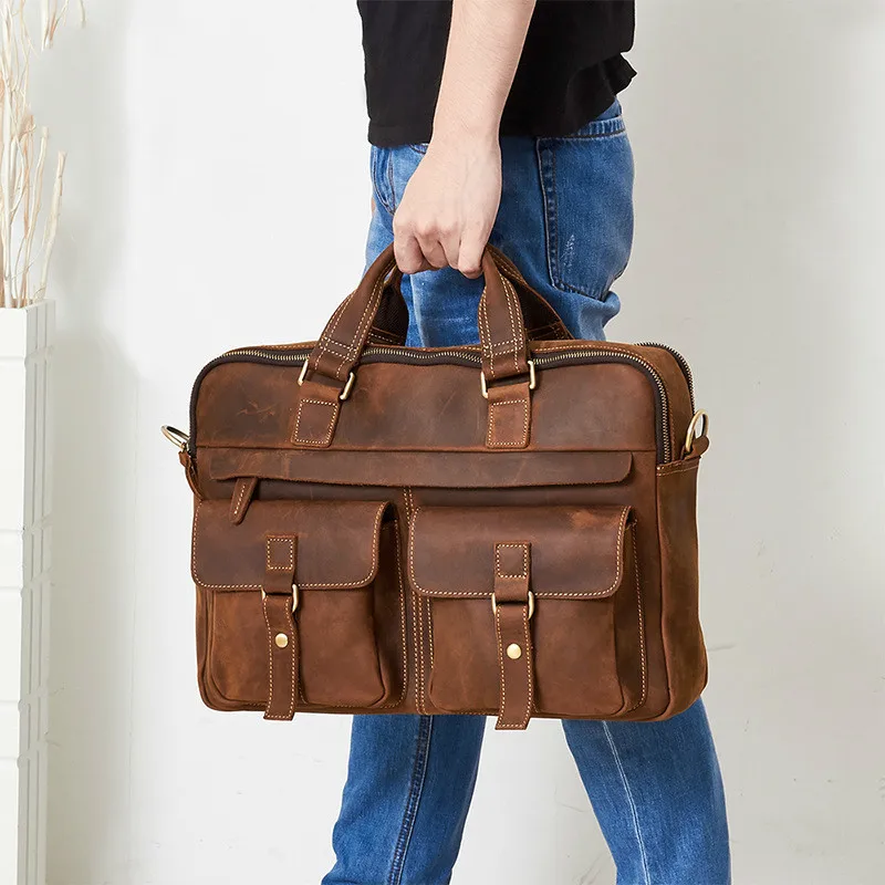 مجنون الحصان حقيبة جلدية حقيبة متعددة جيب 15.6 بوصة حقيبة يد Crossbody محمول S681-40 الرجال Sacoche أوم وثيقة المحمول حالة