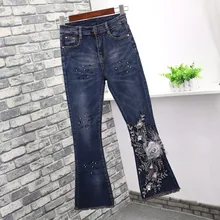 Новые осенние модные женские обтягивающие джинсы с вышивкой, сексуальные бусы, цветочные расклешенные брюки, тонкие эластичные джинсовые брюки