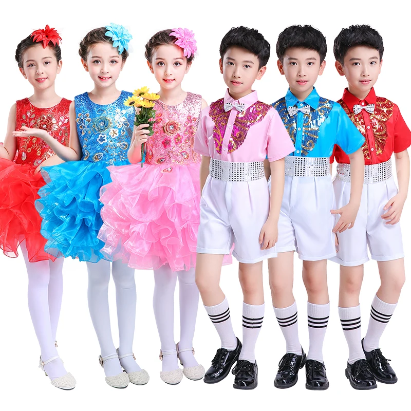 

Children's Jazz Dance Latin Dance Costumes Girls Fluffy Skirt Princess Dance Costume Sequin Performance Costume Chorus