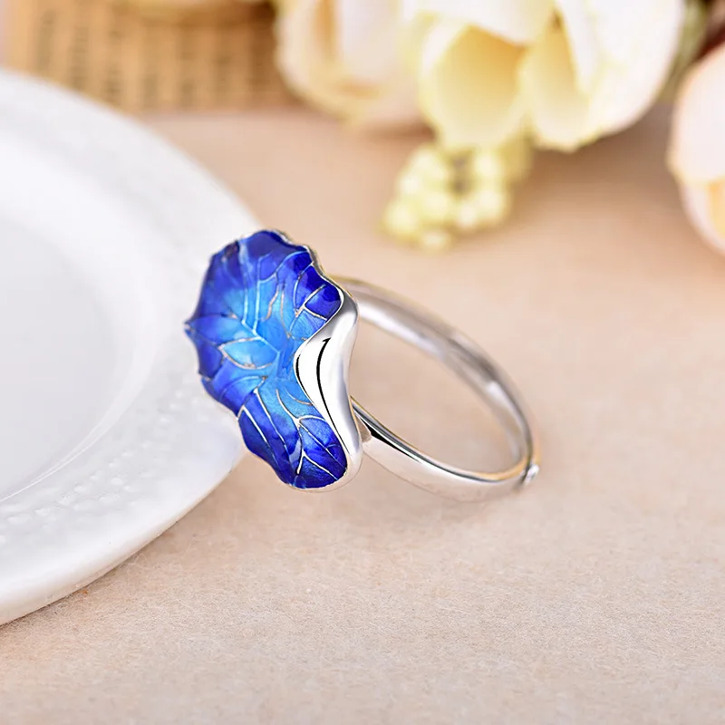 Olowu, женский подарок, серебряное кольцо, перегородчатое, голубой лист, кольца для женщин, персонализированная эмаль, этническое регулируемое кольцо для свадьбы