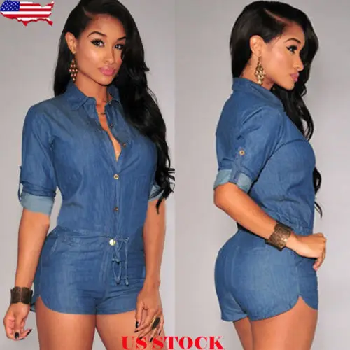 

US Women Lace Up Denim Casual Jeans Playsuits Solid Overalls High Waist Pants Skinny Short Romper Slim Fit Jumpsuit
