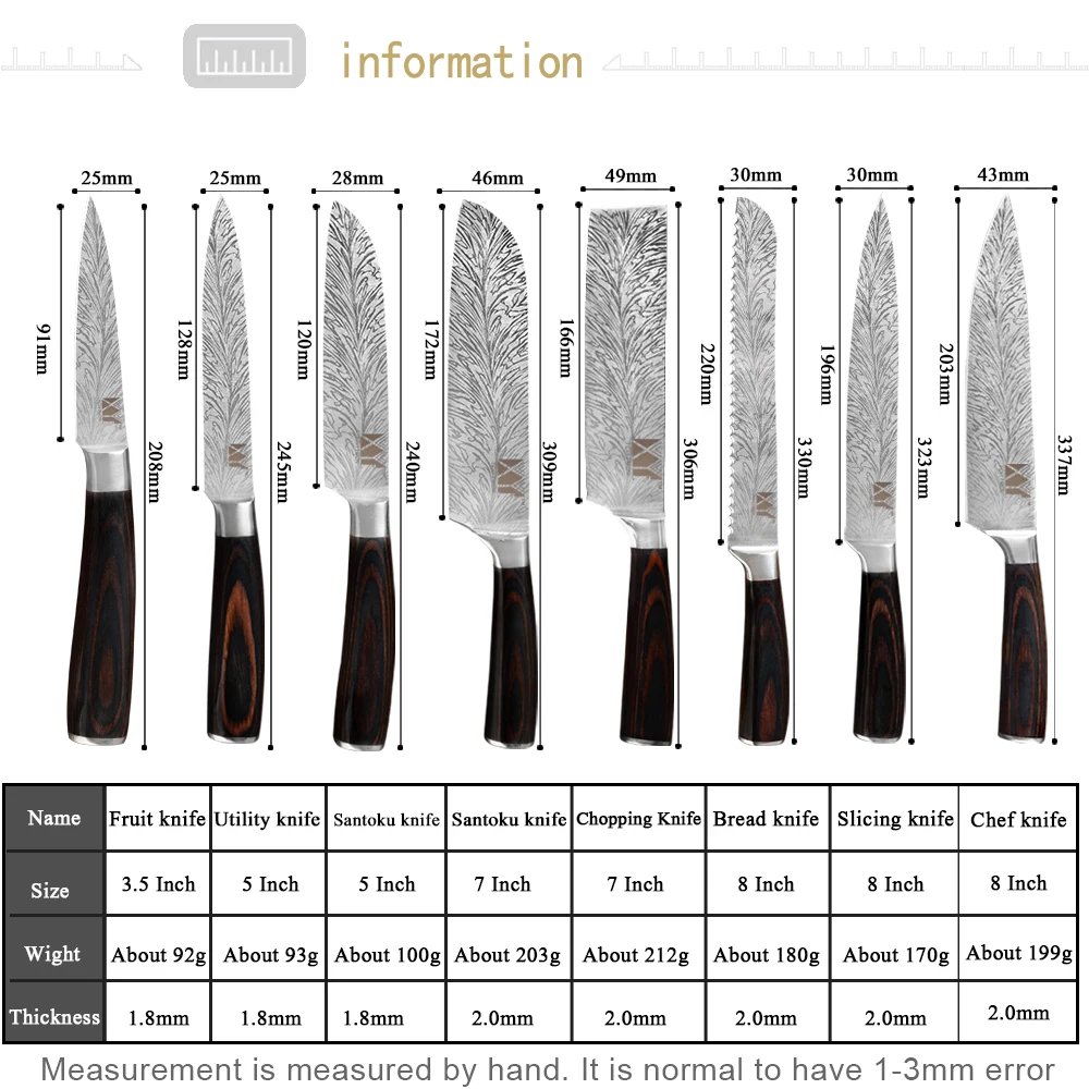 XYj нож из нержавеющей стали с красивым узором 7cr17, лезвие из нержавеющей стали, цветные кухонные ножи с деревянной ручкой, набор ножей из 8 предметов