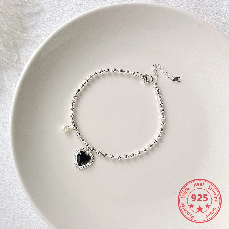 

925 Sterling Silver Simple Retro Vintage Black Heart Amber Beads Chain Bracelets Women Jewelry