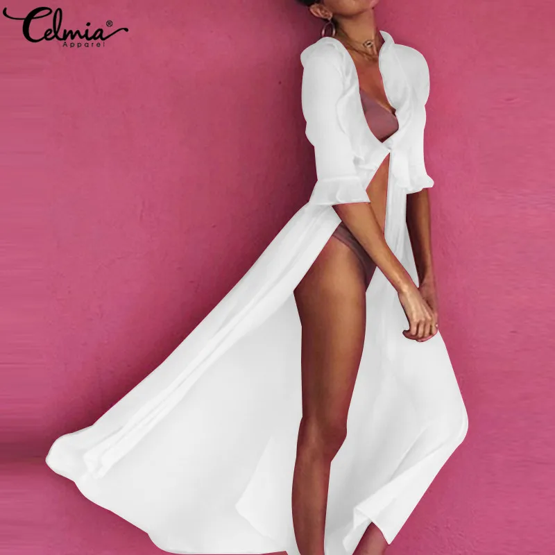 

Celmia Summer Beach Cover Up Blouses Women Cardigan Kimono Long Tops 2019 Casual Sexy Ruffle Shirts Loose Blusas Femininas S-5XL
