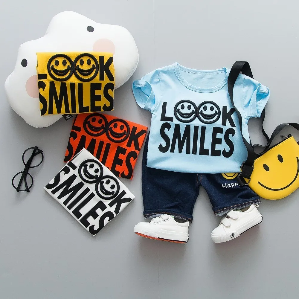 Summer Children Boys Girls Clothing Baby Fashion Smiley Face T-shirt Pants 2Pcs/Set Kid Sport Infant Clothes Toddler Tracksuits