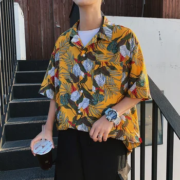 

2019 Korean Style Summer Men's Fashion Trend Short Sleeve Hawaiian Shirt Male French Cuff Brand Khaki/navy/yellow Shirts S-XL
