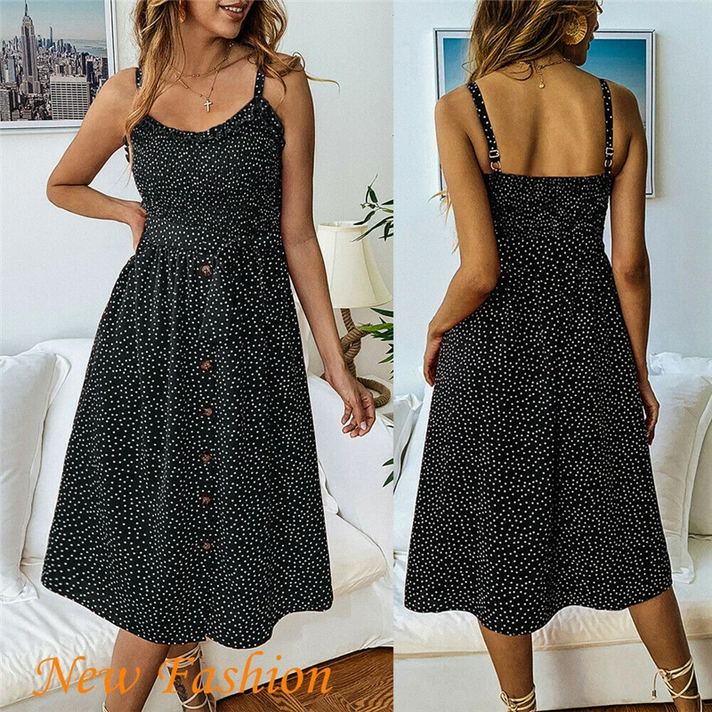 

Women Dress Summer Polka Dot Print Ruffle Ladies Dresses Sleeveless V Neck Midi Dress Boho Style Maxi Dresses For Women Sundress