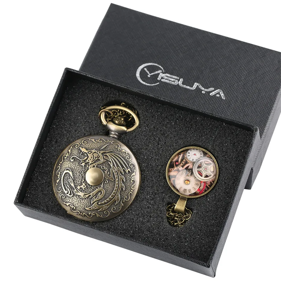Relógio de Bolso Caixa de Presente Presentes de Natal Relógio dos Homens Mal o Fogo do Dragão Vintage Bronze Quartzo Colar Relógio Pingente Relógios Conjunto