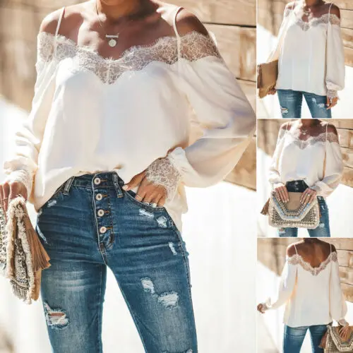 

HIRIGIN Womens Long Sleeve Casual Loose Blouse Top Ladies Lace OL Work Off Shoulder Tee Tops