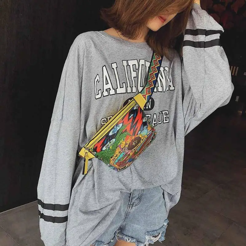 

2018 Fashion Women PU Leather Waist Pack Graffiti Printing Fanny Pack Colorful Casual Belt Bag For Female Belt Messenger Bag