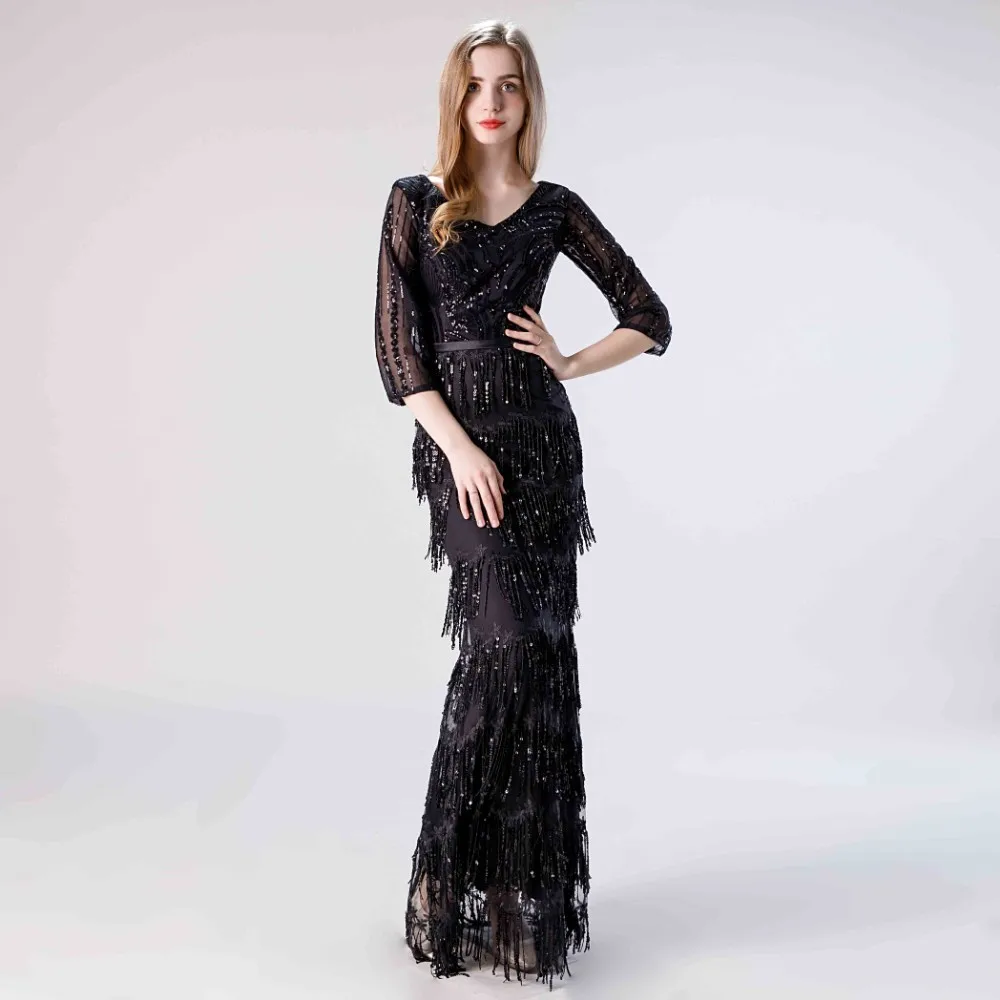 Vivian's Bridal элегантное платье в полоску с блестками и кисточками для выпускного