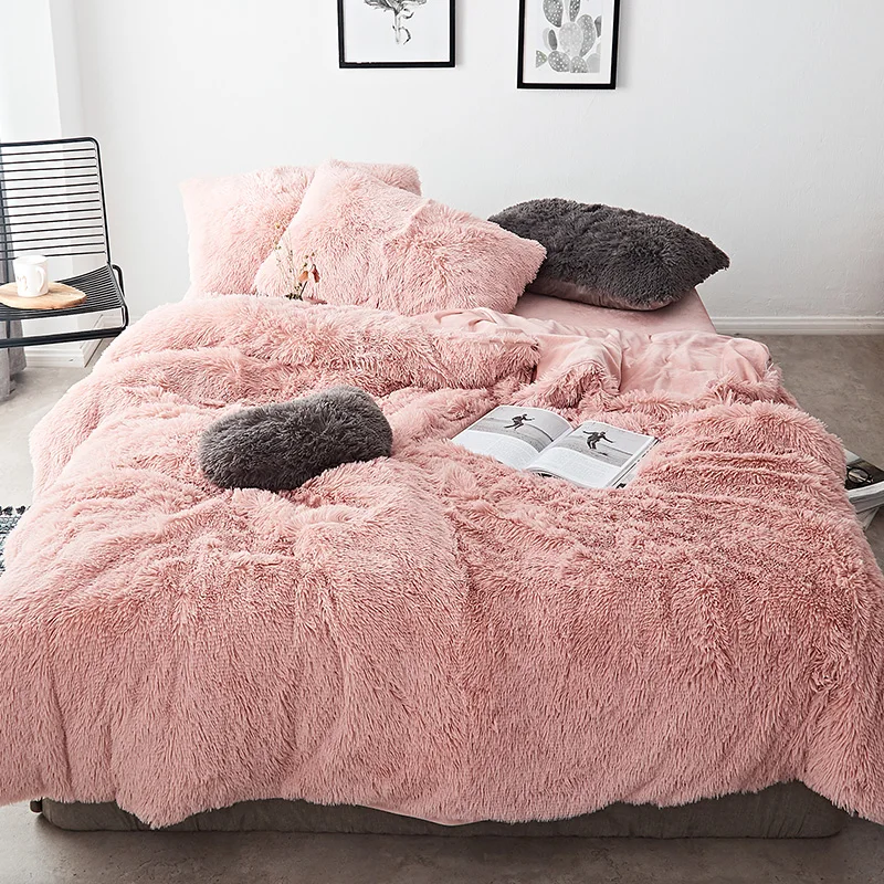 

Pink White Fleece Fabric Winter Thick 20 Pure Color Bedding Set Mink Velvet Duvet Cover Bed sheet Bed Linen Pillowcases 4/6pcs34
