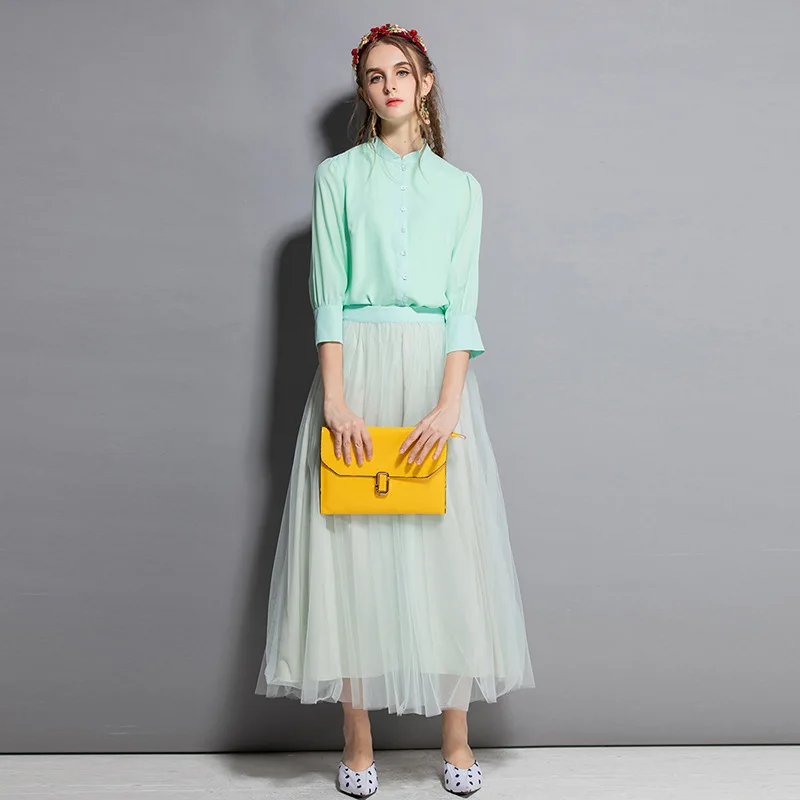 

Spring &summer New Sweet Womens Suits Set 2 Pieces With Skirt Retro Stand Collar Lantern Sleeve Shirt Elegant Gauze Long Skirt