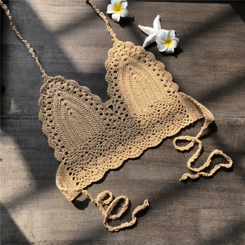 CROCHET BIKINI 2019 Sexy Top Handmade Knit Crochet Crop Top Women Summer Swimwear Camisoles Push Up Beach Tanks Halter Yoga Bras