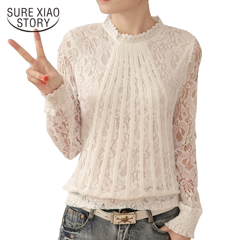 

New 2018 Fashion Women Blouses White lace Blouse shirt plus size tops Long Sleeve O-neck Casual Lady Blouses Lace tops 61C 25