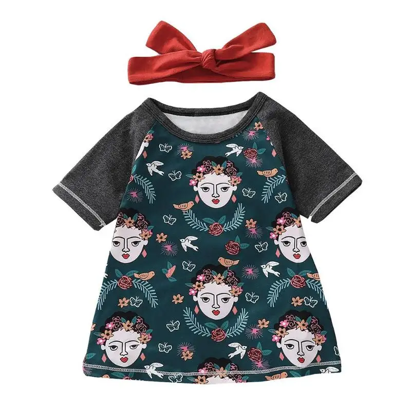 

Girls Fashion Clothing Set Short Sleeve Dress Headband Splicing Color Suit Girls Fashion Clothing Short Sleeve Dress Clothes