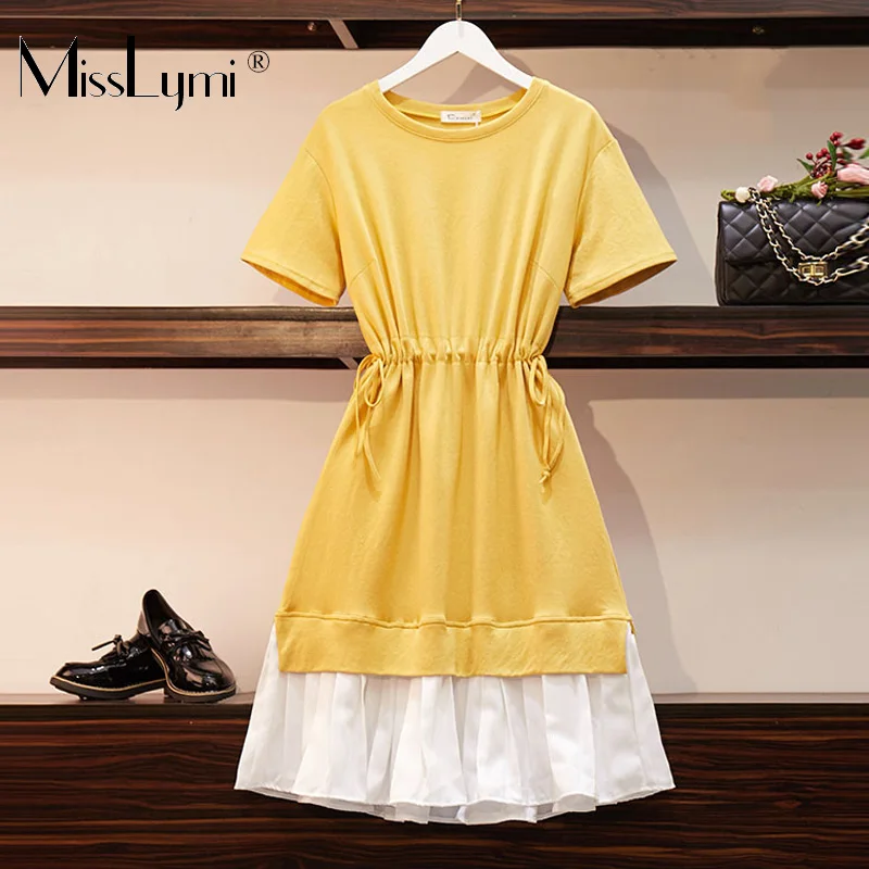 

M-4XL Plus Size Women Casual Dress Summer 2019 Short Sleeve Drawstring Waist Cotton Patchwork Chiffon Ruffle A-Line Dresses